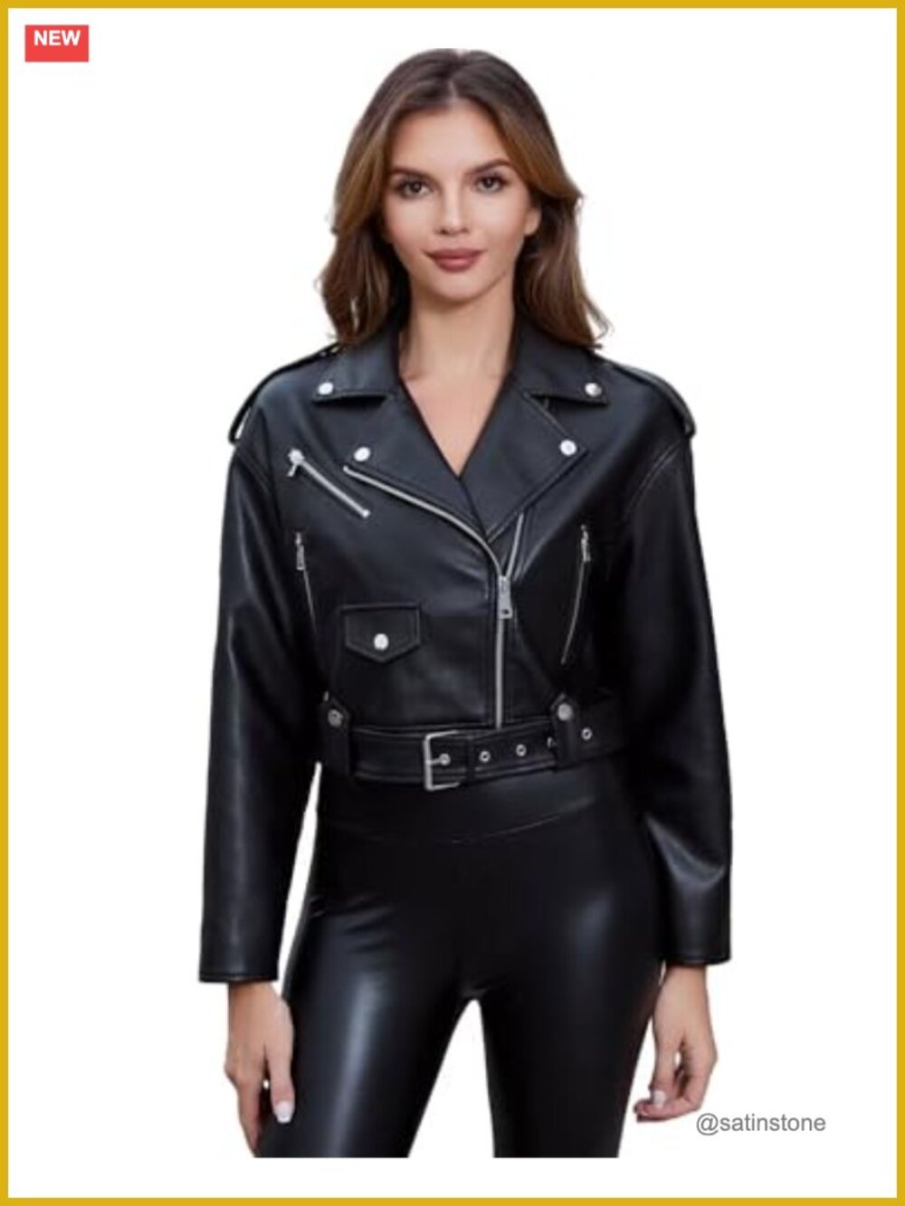 Faux Leather Jacket Slim Belted PU Moto Coat Cropped Biker Jacket